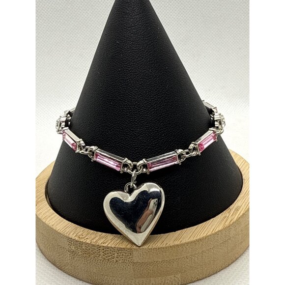 Silver & Pink Rhinestone Bracelet With Heart Charm & Lobster Clasp  Adjustable - Picture 1 of 4